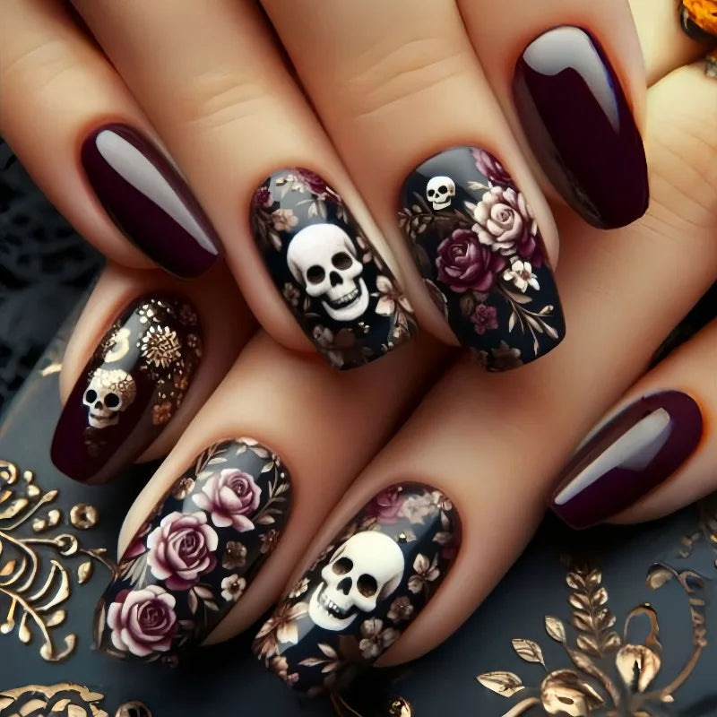Skull Bloom Halloween Press-On Nails