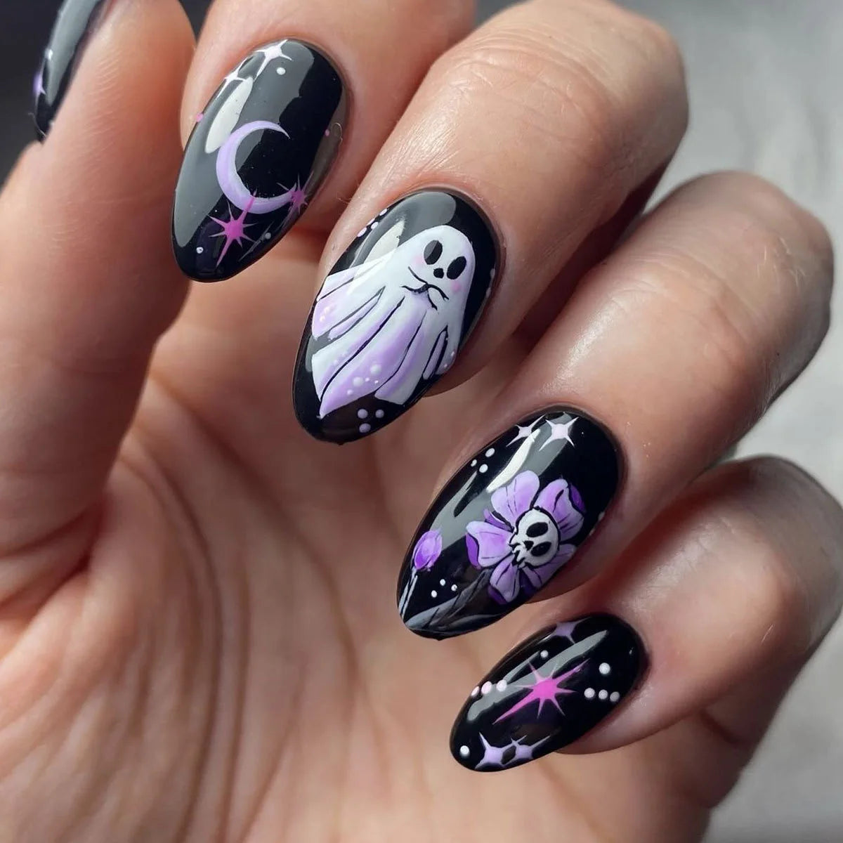 Ghostly Glow Almond Press-On Nails