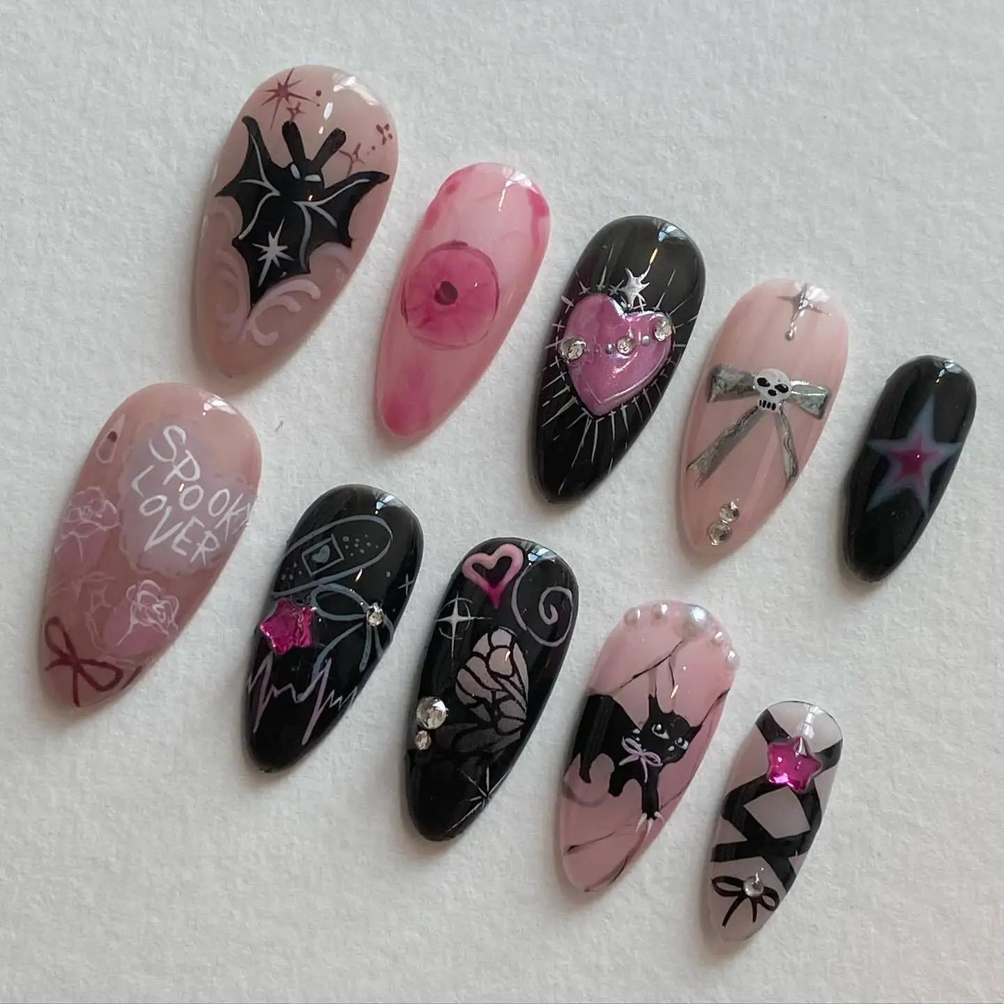 Midnight Charm Red Rhinestone Nails