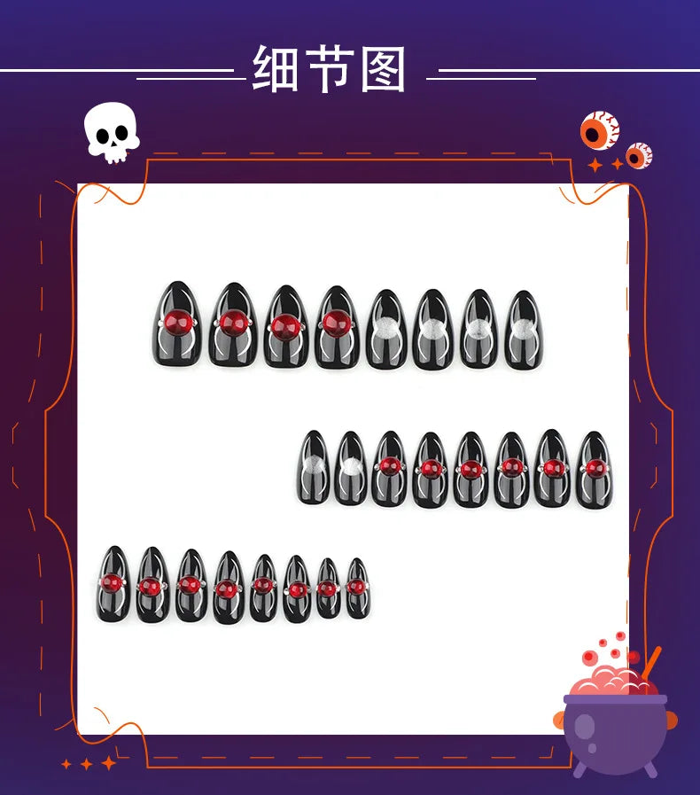 Midnight Charm Red Rhinestone Nails