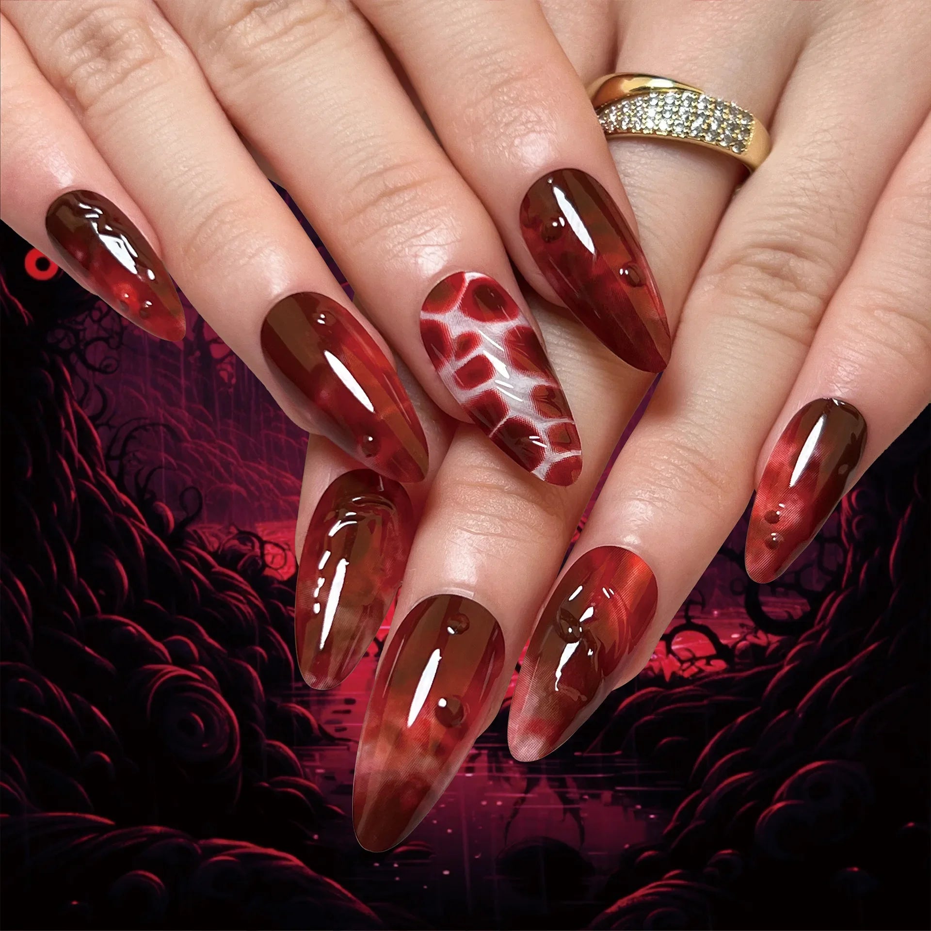 Midnight Charm Red Rhinestone Nails