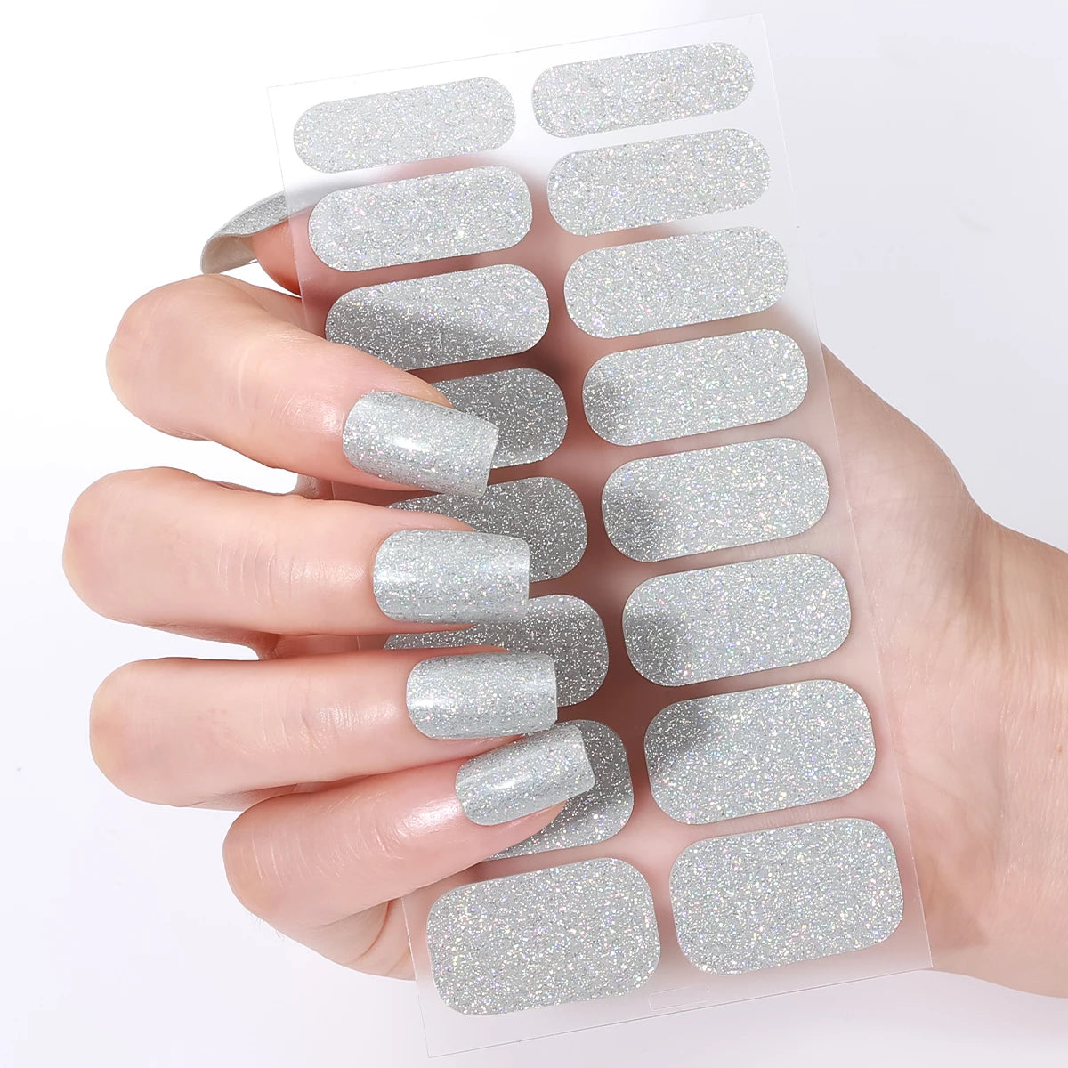 16Tips/8 Sheet Full Cover Nail Stickers Glitter Nail Polish Strips Sparkling Red Self Adhesive DIY Manicure Art Decoration