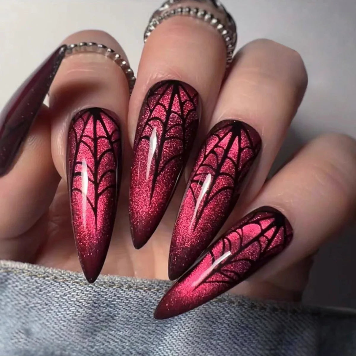 Midnight Charm Red Rhinestone Nails