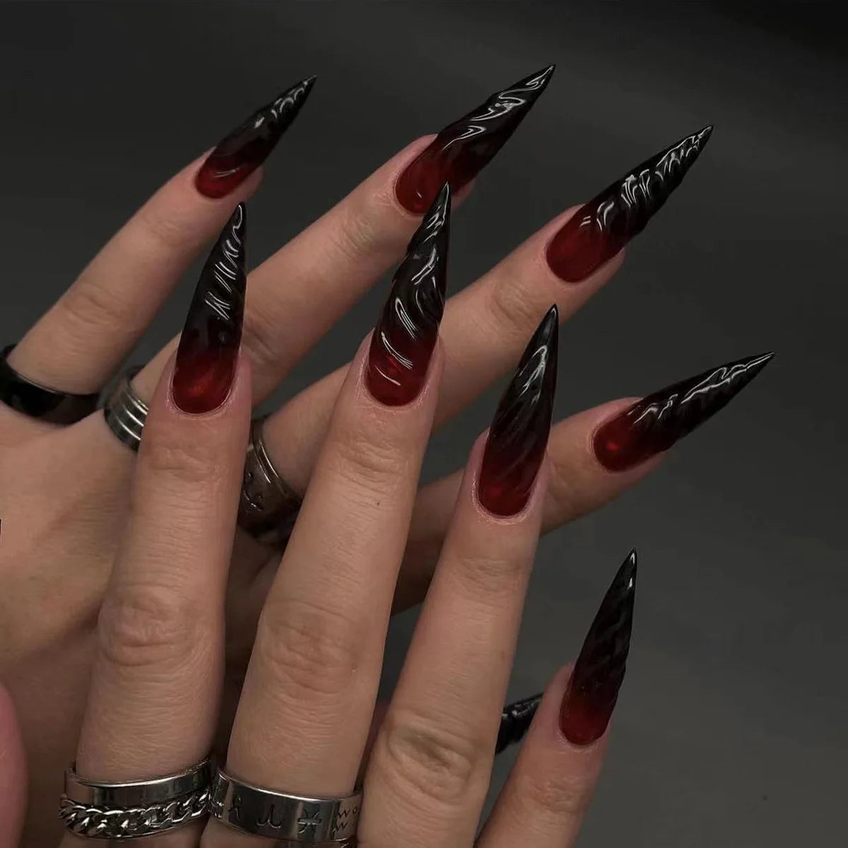 Midnight Charm Red Rhinestone Nails