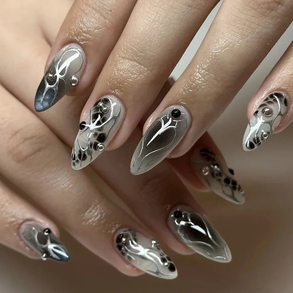 Midnight Charm Red Rhinestone Nails