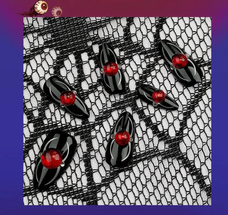 Midnight Charm Red Rhinestone Nails