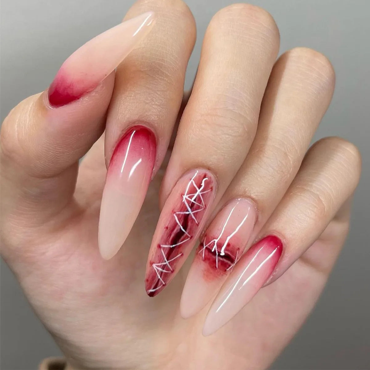 Midnight Charm Red Rhinestone Nails