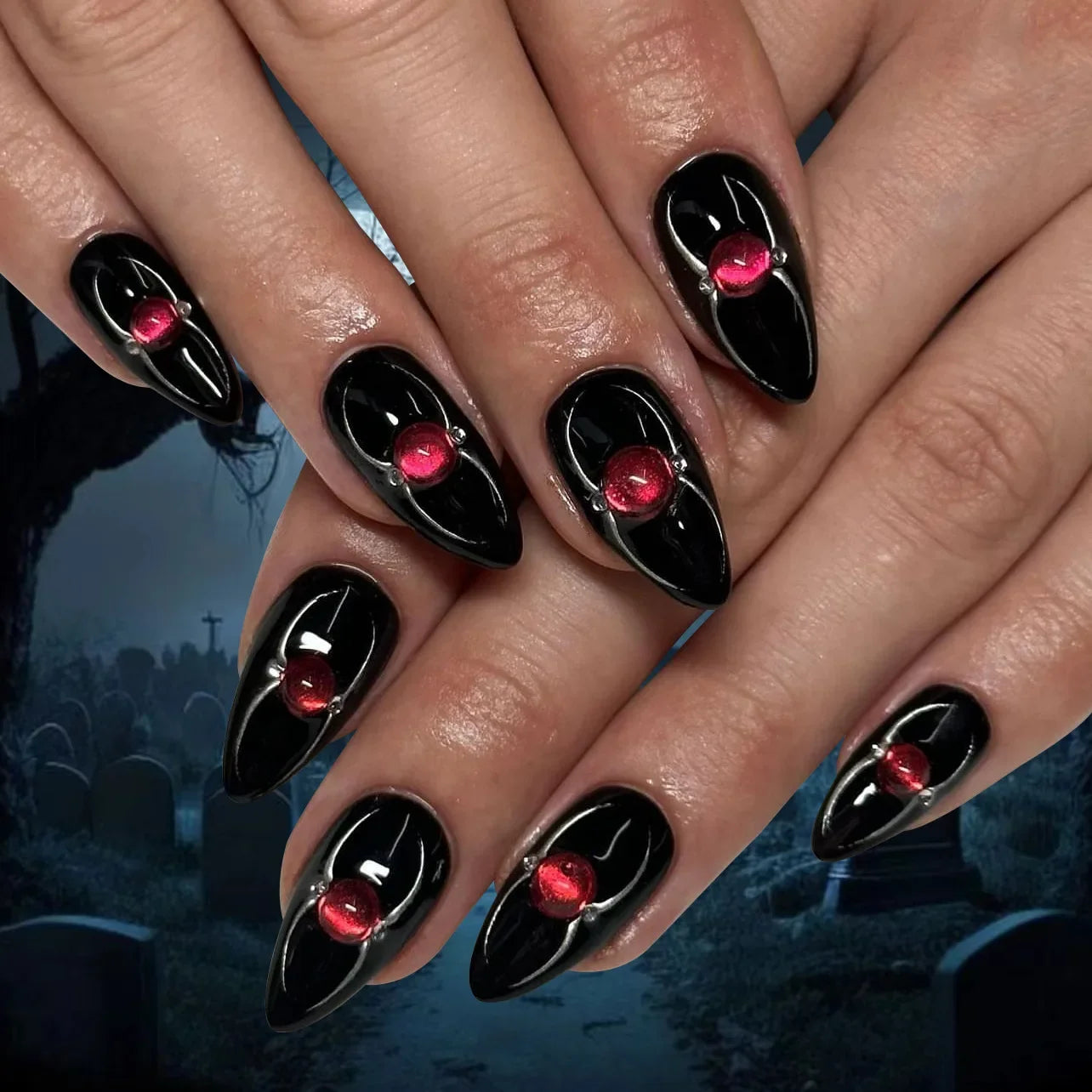 Midnight Charm Red Rhinestone Nails