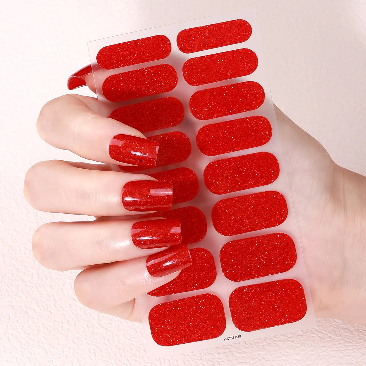 16Tips/8 Sheet Full Cover Nail Stickers Glitter Nail Polish Strips Sparkling Red Self Adhesive DIY Manicure Art Decoration