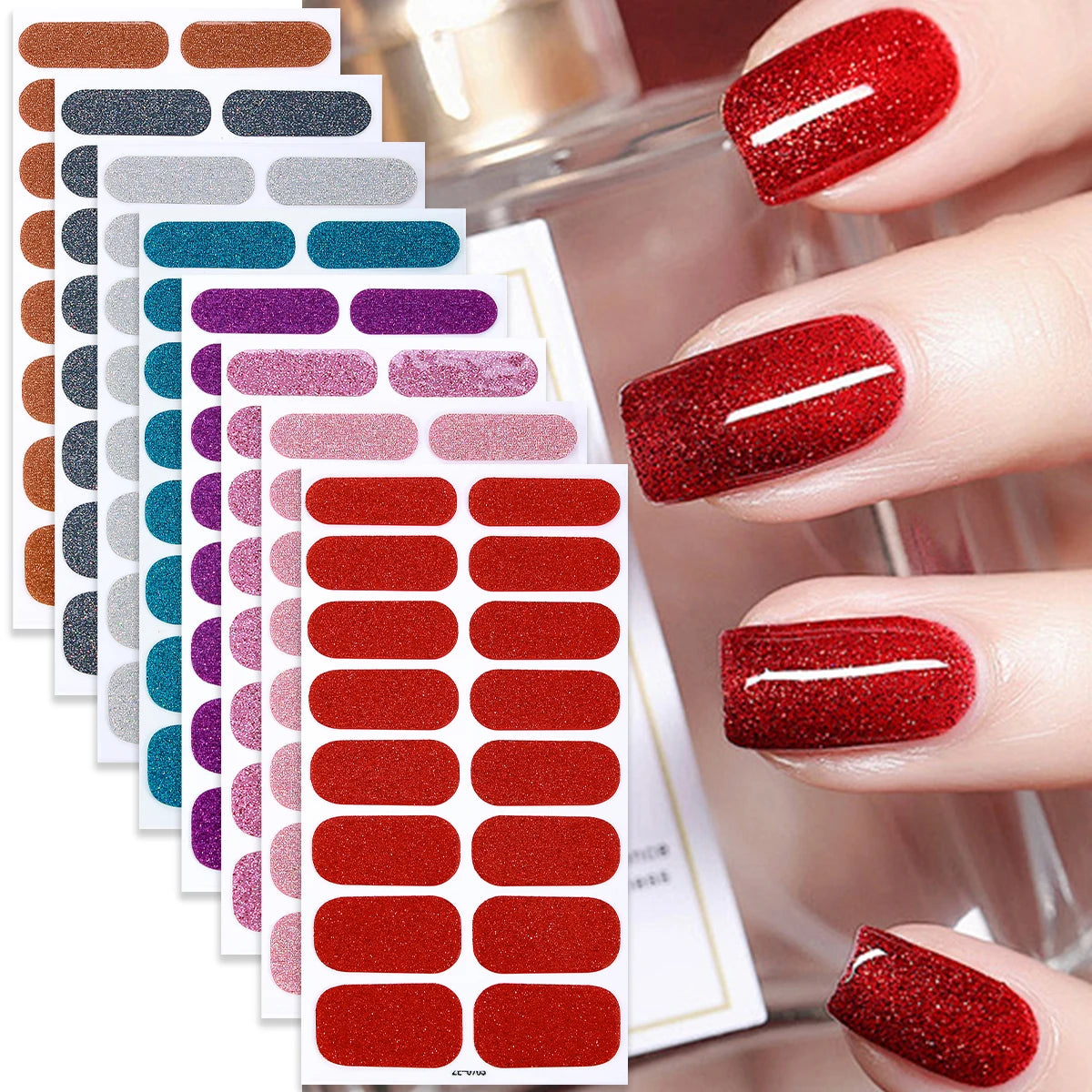 16Tips/8 Sheet Full Cover Nail Stickers Glitter Nail Polish Strips Sparkling Red Self Adhesive DIY Manicure Art Decoration